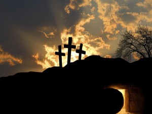 Empty tomb and three crosses